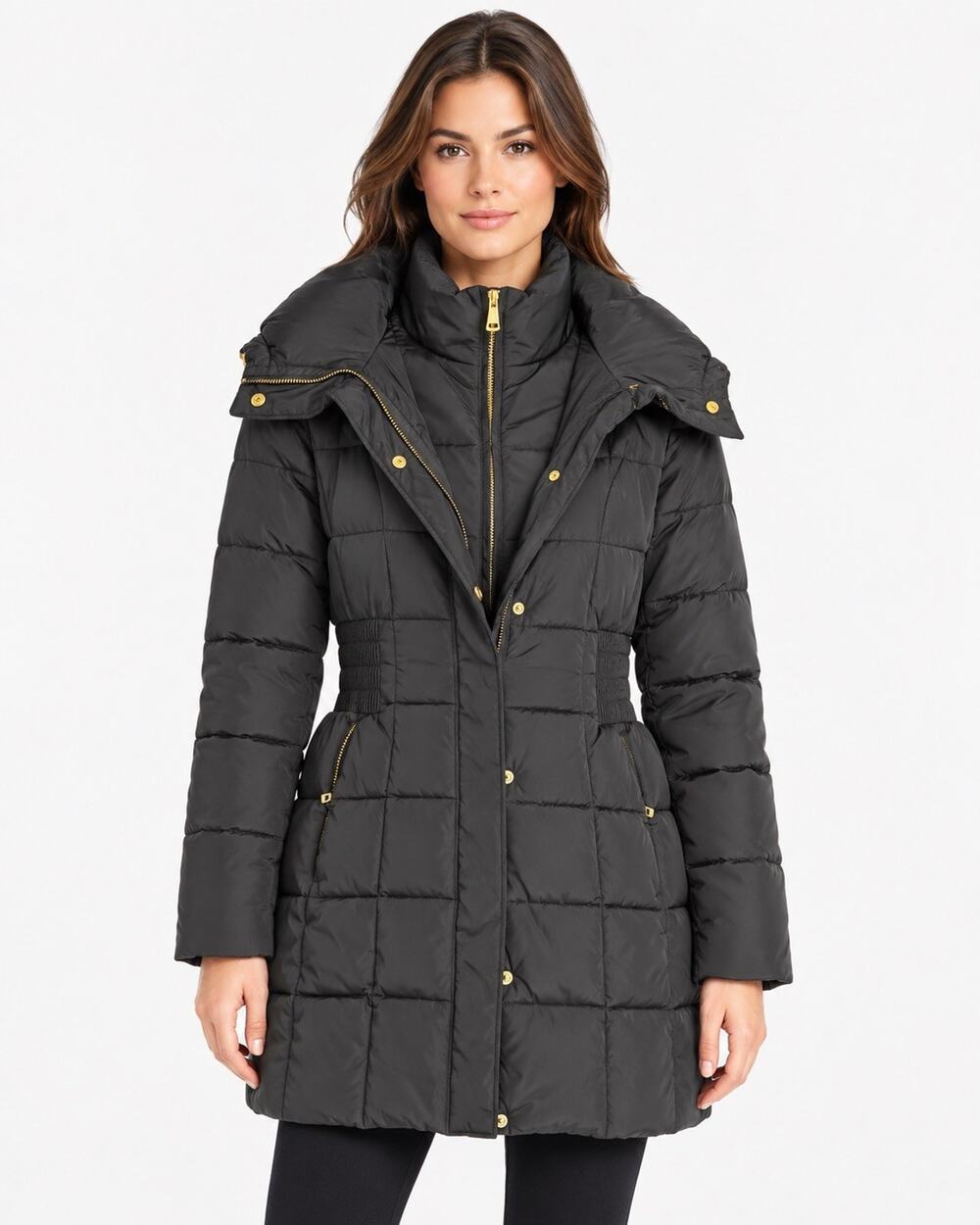 Cole Haan Signature Womens S Black Long Puffer Coat Gold Zip Hooded Winter